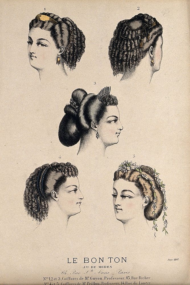 The heads of five women with ringletted hair dressed with jewellery and flowers. Coloured lithograph by Michelet, 1865.