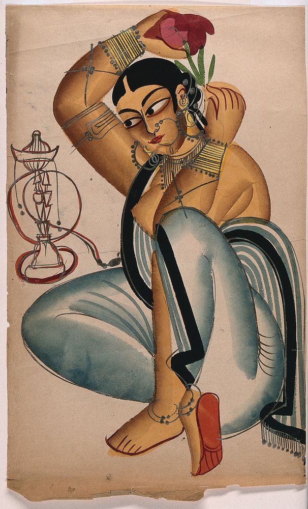 A courtesan arranging a flower in her hair. Gouache painting by an Indian artist, 1800s.