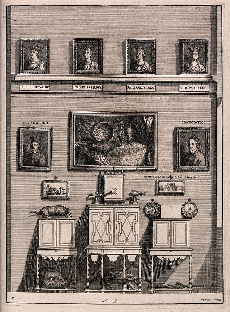 Bibliothèque Sainte-Geneviève, Paris: part of the cabinet of natural and artificial curiosities. Engraving by F. Ertinger…