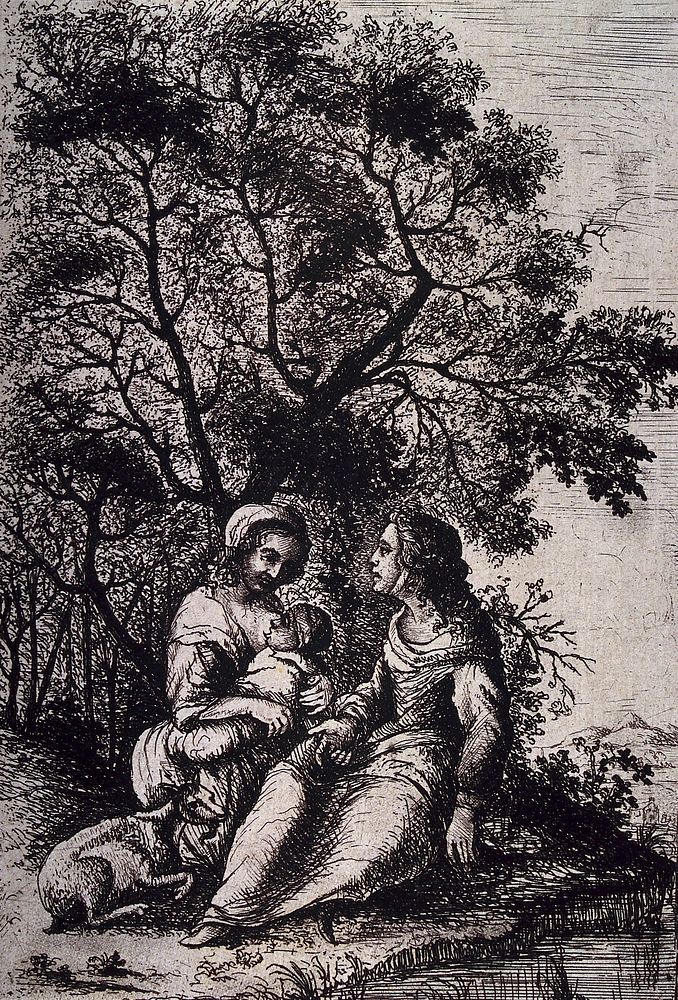 A woman sitting outside with a friend breast-feeding her child, a goat accompanies them. Etching by D. Deuchar.