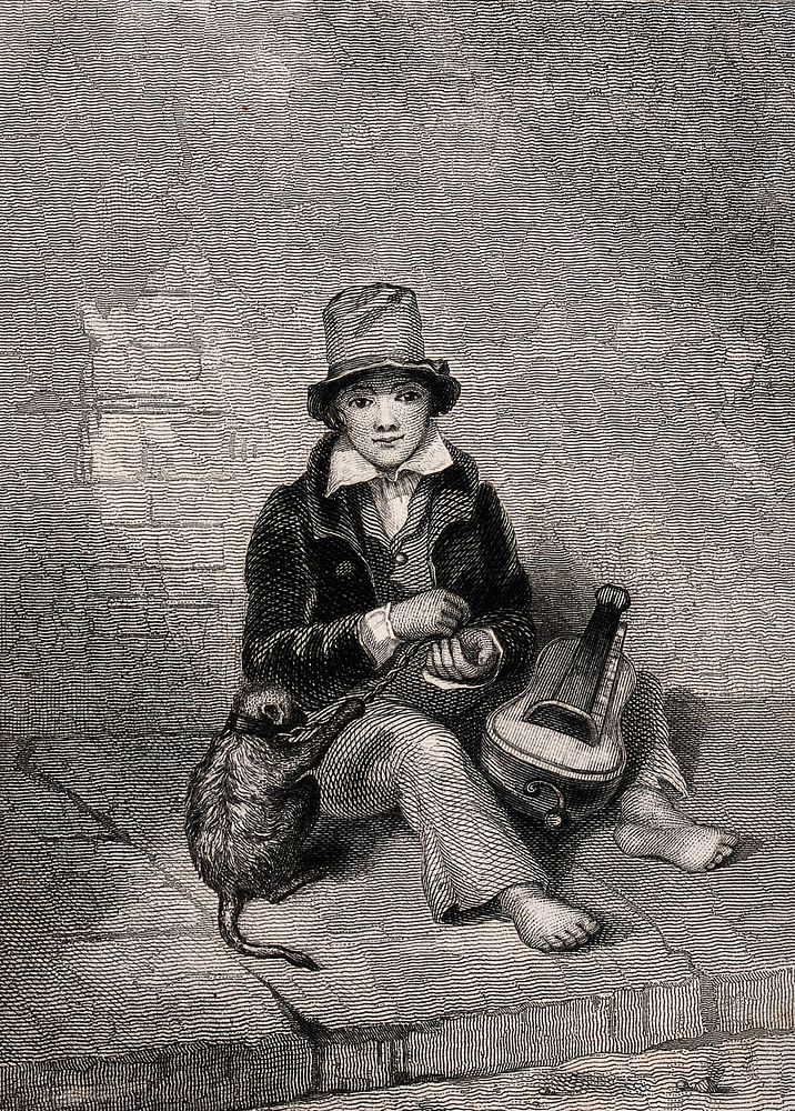 A boy with a monkey and a hurdy-gurdy, sitting on the pavement. Engraving by T.L. Sanger.