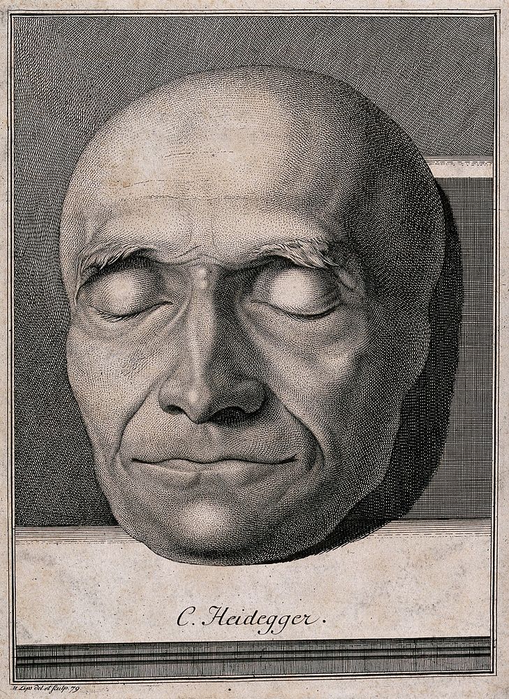 Death-mask of a man, possibly of C. Heidegger. Line engraving with etching by J.H. Lips, 1779.