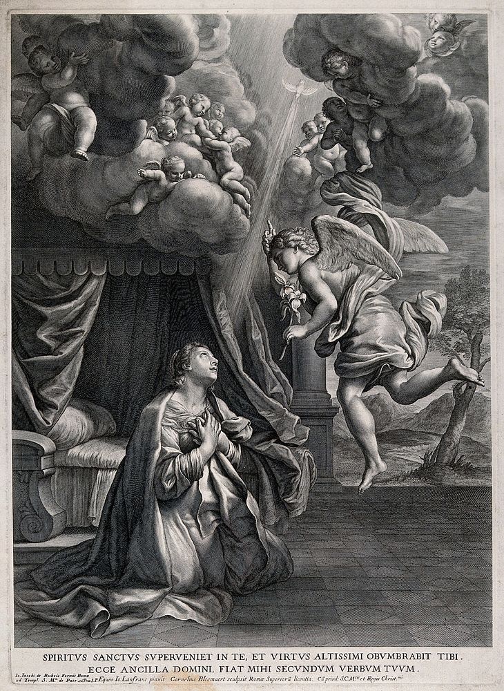 The Annunciation to the Virgin. Engraving by C. Bloemaert, c. 1650, after G. Lanfranco.