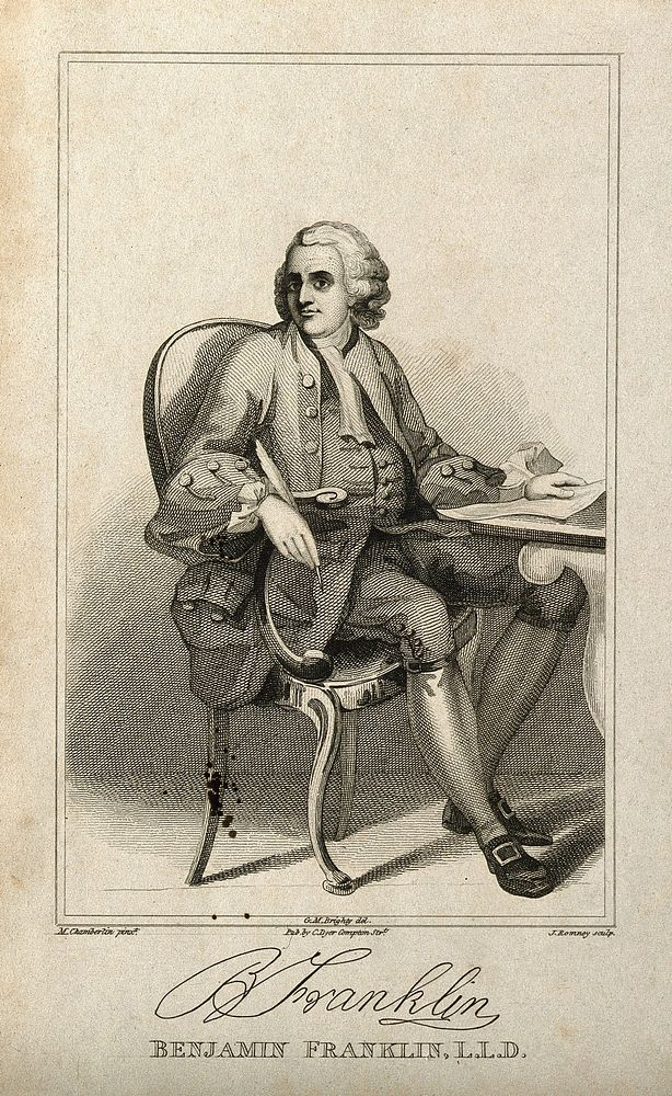 Benjamin Franklin. Stipple engraving by J. Romney after G. M. Brighty after M. Chamberlin, 1762.