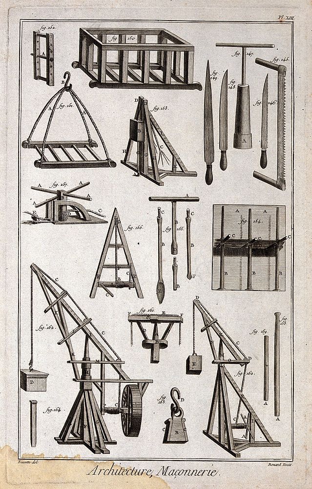 Architecture: tools, derricks, and windlasses. Engraving by Bénard after Lucotte.