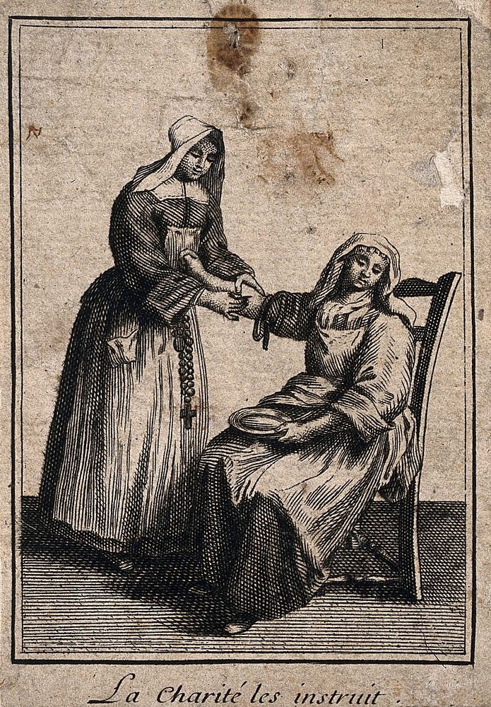 A Nun (Sister of Charity) bloodletting a seated patient. Line engraving.