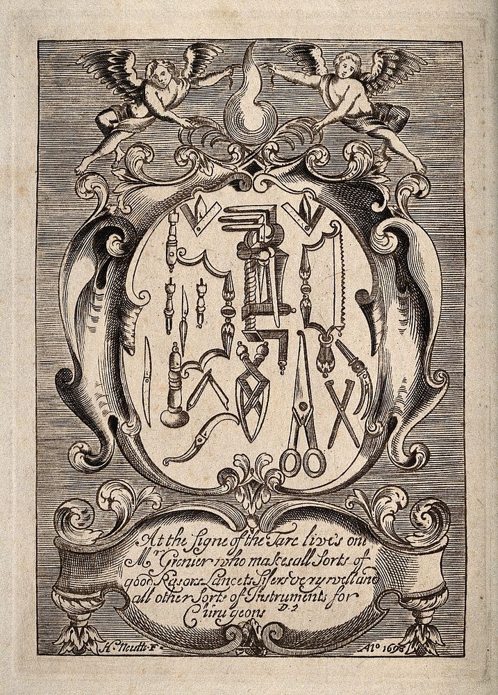 Surgical instruments, including lancets, saws and forceps, made by Isaac Grenier; advertising his goods for sale. Etching by…