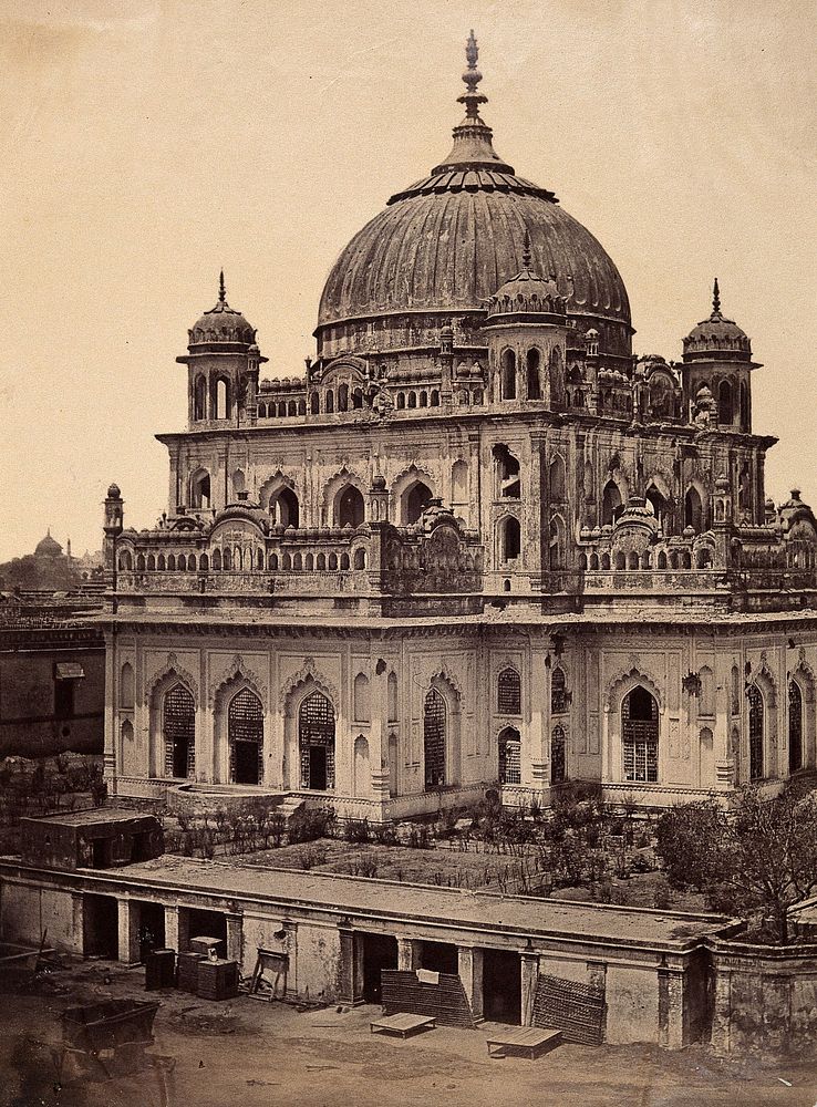 Lucknow, India: the tomb of Shahadut Allee in the Kaiser Bagh palace, showing damage done during the Indian Rebellion.…