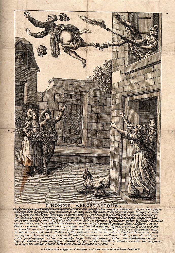 A man is blown out of a window by an enema. Engraving.