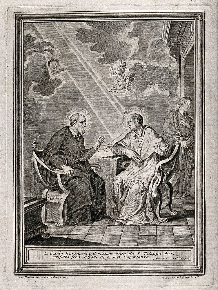 Saint Charles Borromeo receiving a visit from Saint Philip Neri. Engraving by D. Cagnoni after D.M. Fratta.