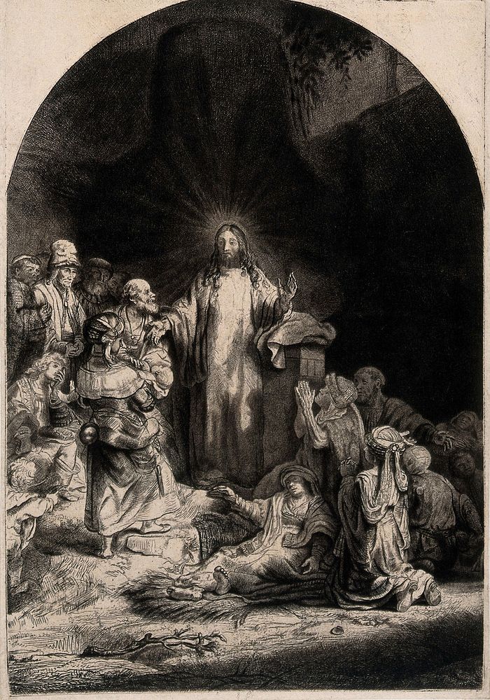 Christ stands among sick people ('The hundred guilder print'). Etching after Rembrandt, 1649.