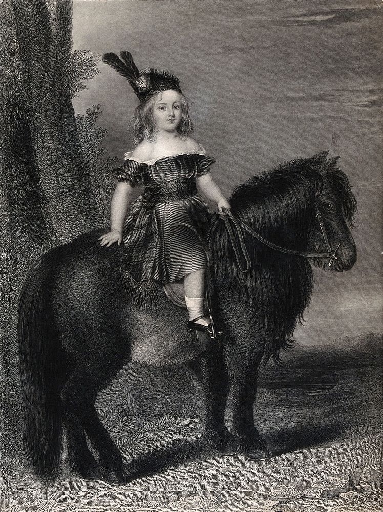A child wearing Scottish dress and a feathered hat is mounted on a Shetland pony. Steel engraving by J. Cochrane after W.…