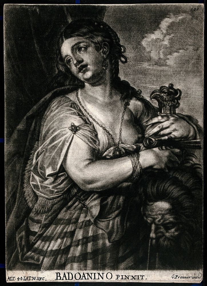 Judith with a sword holding the head of Holofernes. Mezzotint by A. von Prenner after A. Varotari, il Padovanino, ca. 1720.