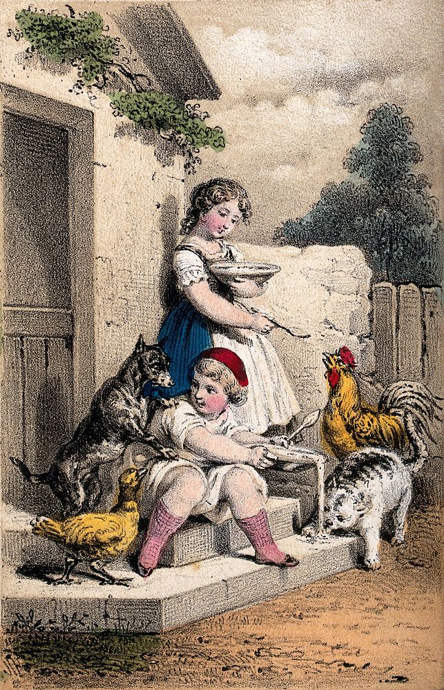 Two girls sit on a step, one is feeding her food to a cockerel and a cat takes advantage of the food spilling out of the…