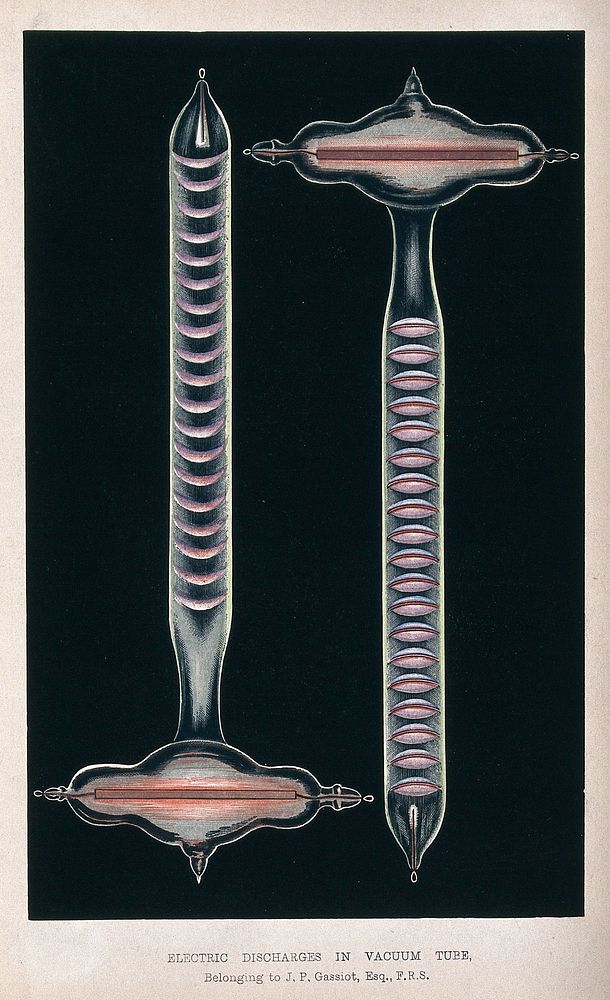 Electric discharges in vacuum tube, belonging to J.P. Gassiot. Coloured lithograph etching, ca. 1860.