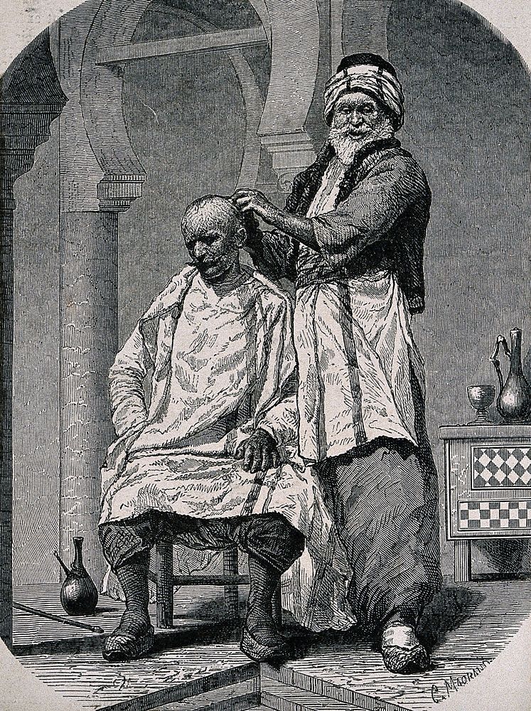 A barber dressing a man's hair. Wood engraving by C. Maorand .