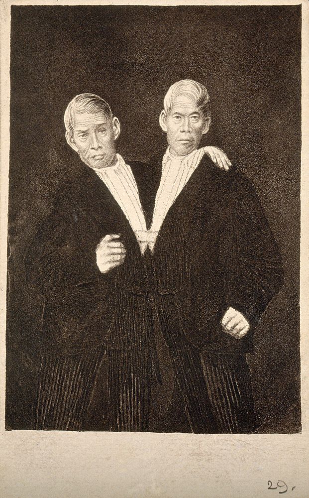 Chang and Eng the Siamese twins, as old men. Aquatint.