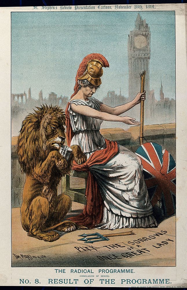 Britannia and her lion are begging on a bench on the Thames Embankment, impoverished by proposed Liberal reforms; beyond…