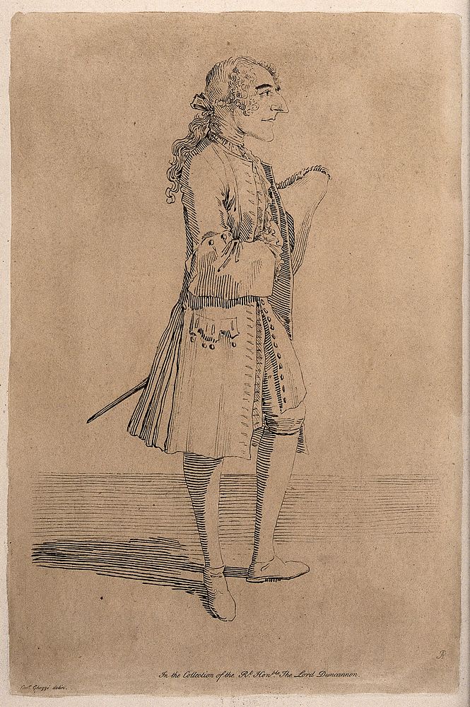 A man, possibly William Conolly, wearing a frock coat and a wig, holding a tricorn hat under his left arm. Etching by Arthur…