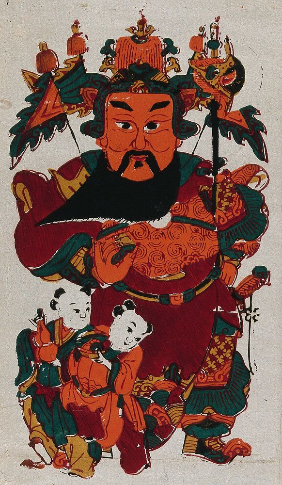A Chinese lucky charm decoration of man dressed in brightly colored robes with children at his feet. Colour woodcut by a…