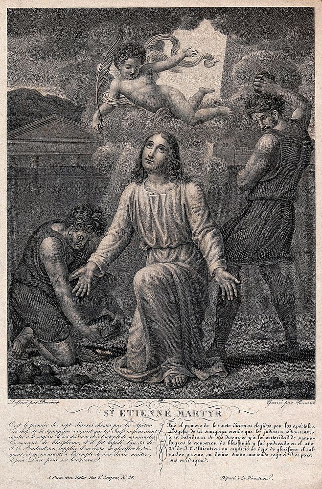 Martyrdom of Saint Stephen. Stipple engraving by Renard, 1827, after Duvivier.