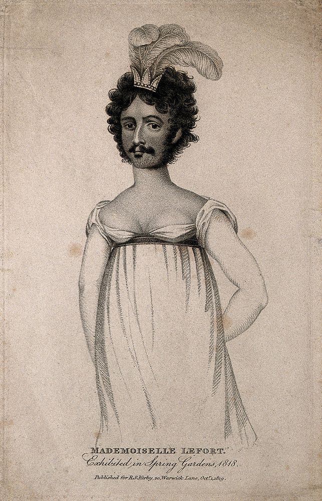 Madamoiselle Lefort, a bearded woman. Stipple engraving, 1819.
