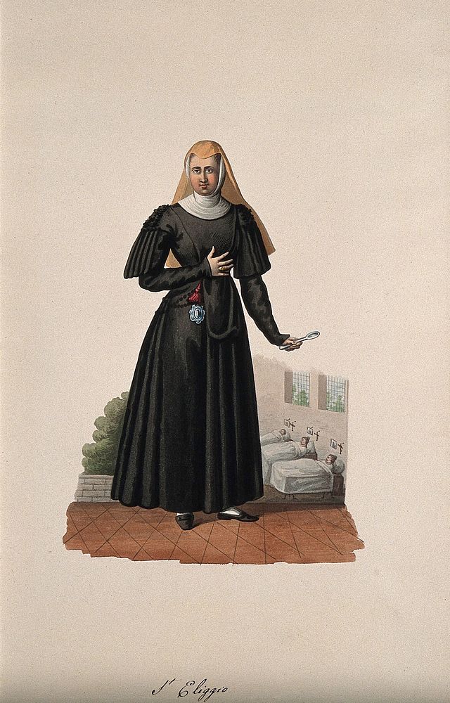A nun holding a medicine spoon with her hospital behind her. Watercolour drawing.