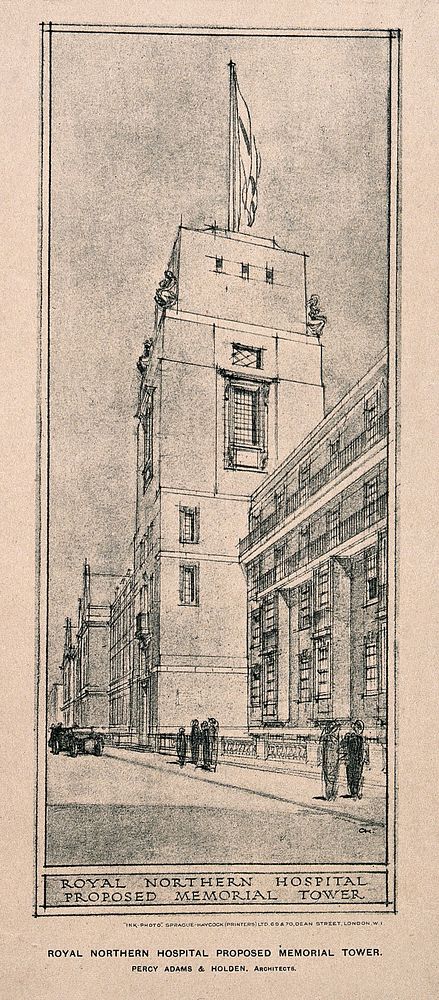 Royal Northern Hospital, Holloway Road, London: a proposed tower for the St. David's wing, Manor Gardens. Process print…