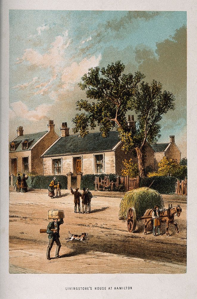 David Livingstone's house at Hamilton, Scotland. Coloured lithograph.