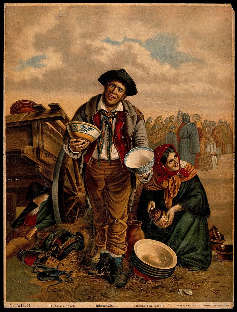 A man and a woman selling ceramic bowls at a market. Chromolithograph.