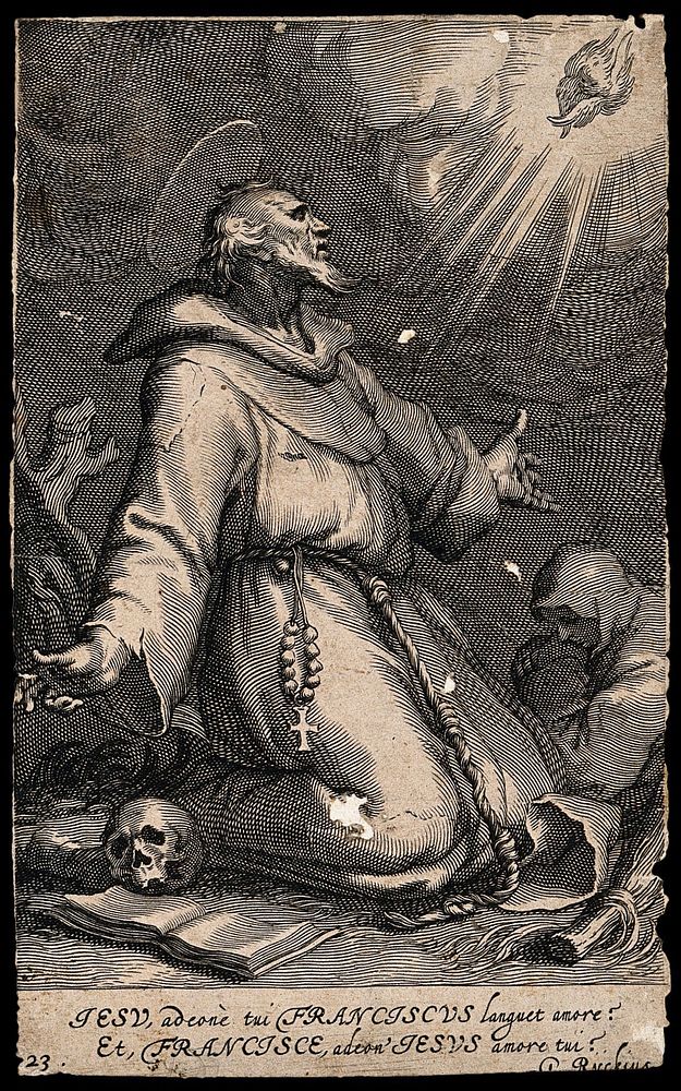 Saint Francis of Assisi receiving the stigmata of Christ from the seraph. Engraving attributed to Boëtius Adamsz. Bolswert…