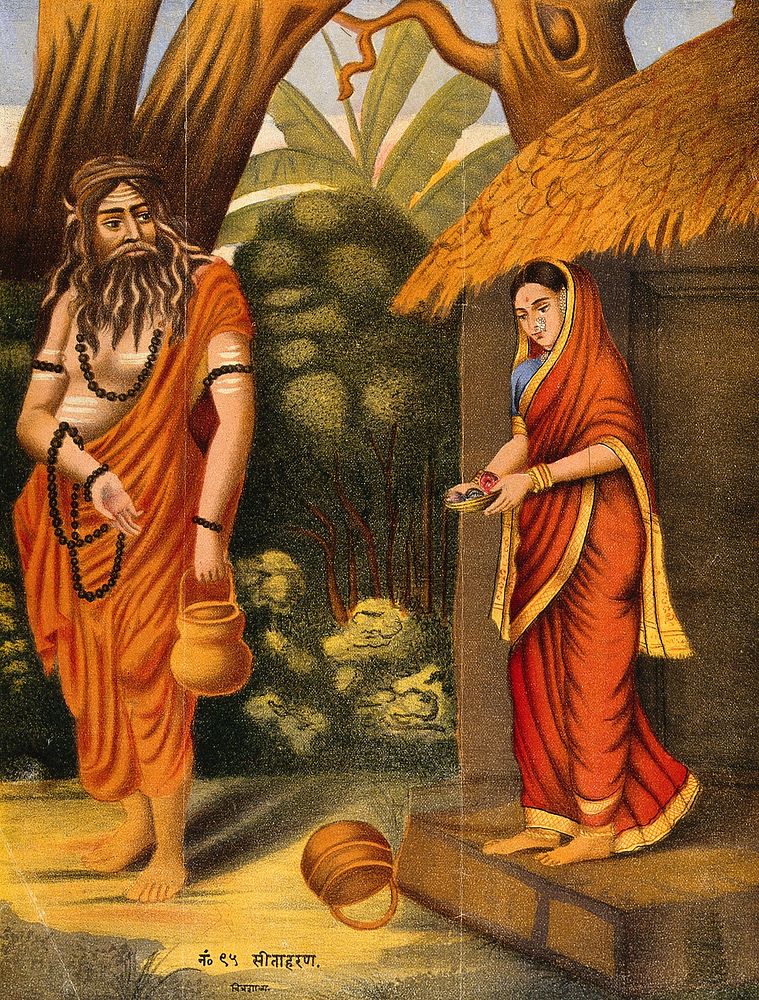 A disguised Ravana luring Sita away. Chromolithograph.