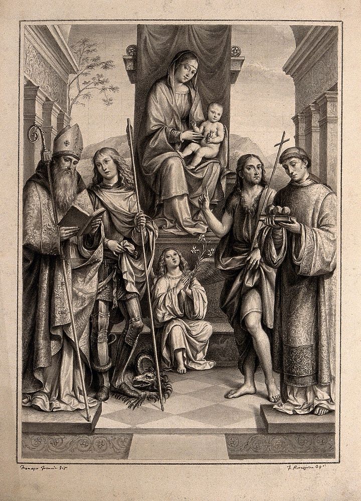 The Virgin Mary and the Christ child, with Saint Augustine, Saint George, Saint John the Baptist, Saint Stephen and an angel…