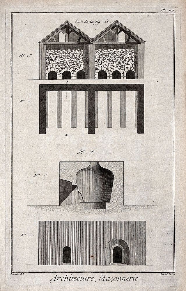 Architecture: various walls and masonry details. Engraving by Bénard [after Lucotte].