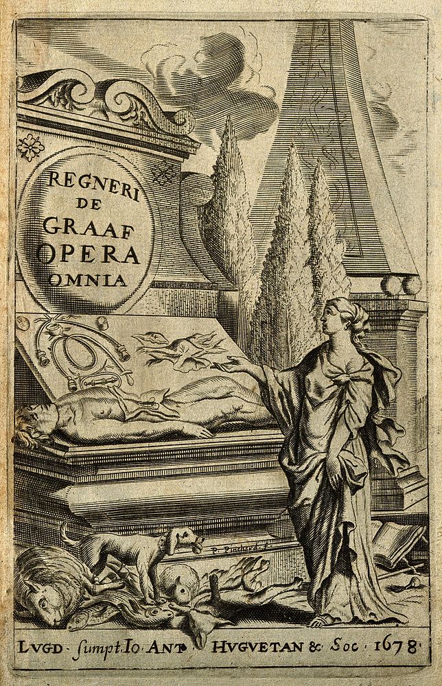 Reinier de Graaf: allegory of anatomy, engraved titlepage to his Opera omnia. Line engraving by P. Pinchard, 1678.