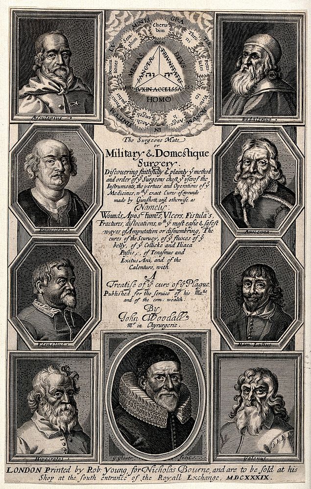 The Tetragrammaton and orders of heaven surmounting portraits of famous medical philosophers (Aesculapius, Hippocrates…