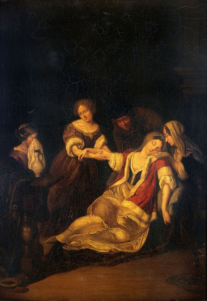 A lady fainting after bloodletting. Oil painting after Eglon Hendrick van der Neer.