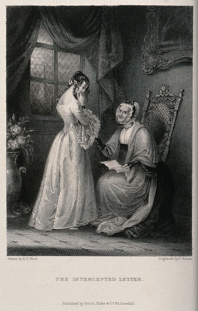 A girl stands in front of her grandmother who is holding a letter which she is questioning the girl about. Engraving by F.…
