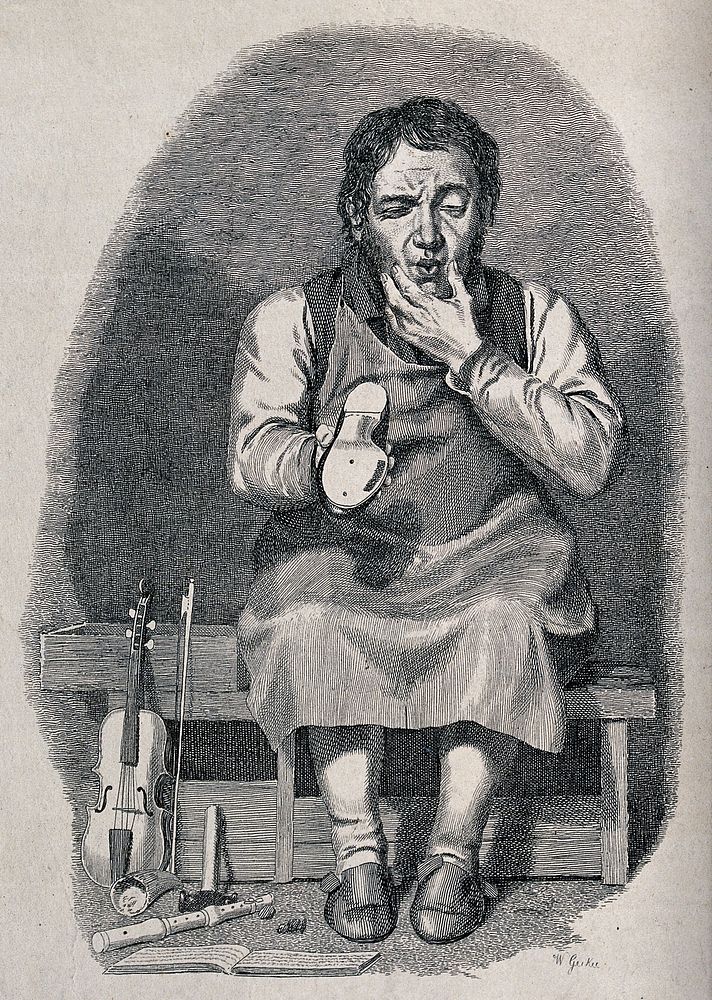 A Scottish musical shoemaker: he sits on a bench and contemplates the sole of a shoe he is holding; on the floor and resting…