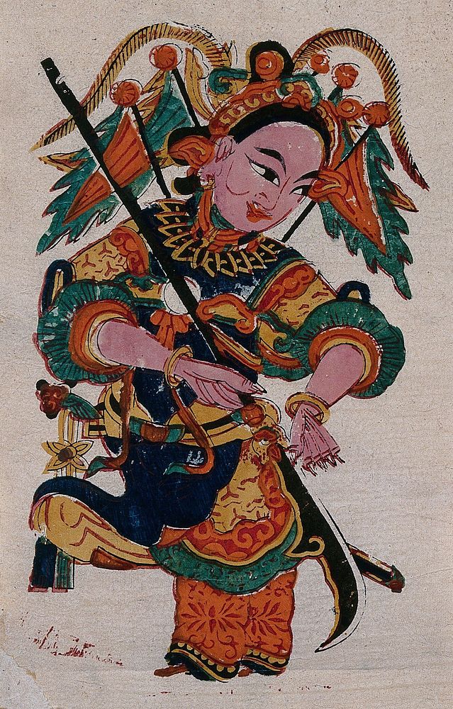A Chinese talisman of an angel with a cudgel. Colour woodcut by a Chinese artist.
