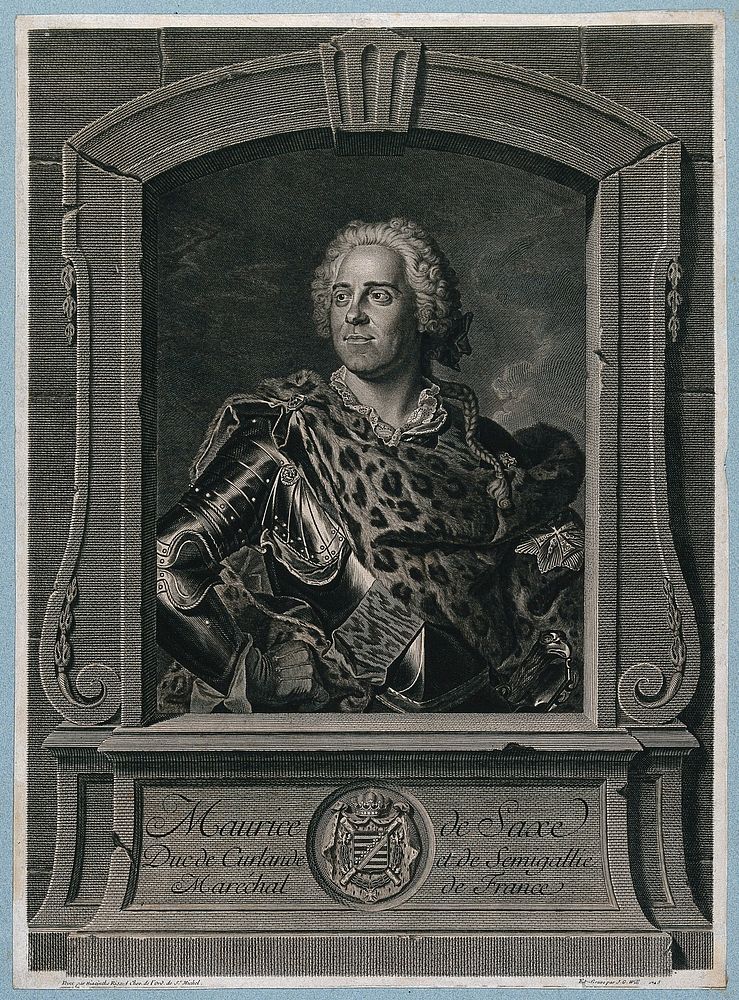 Maurice de Saxe, Maréchal de France; wearing armour. Engraving by J.G. Wille after H. Rigaud, 1745.
