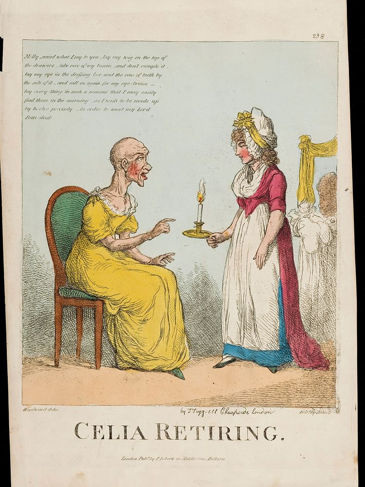 A lady retiring to bed, and ordering her maid to look after her artificial aids to beauty (wig, teeth, glass eye etc.).…