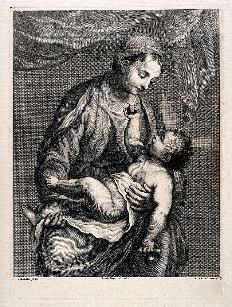 The Virgin Mary adoring Christ as an infant. Line engraving by G.D. Picchianti after F. Petrucci after Titian.