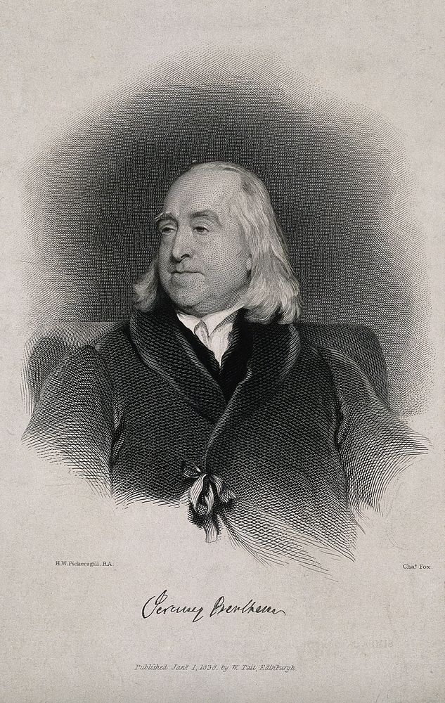 Jeremy Bentham. Line engraving by C. Fox, 1838, after H. W. Pickersgill.