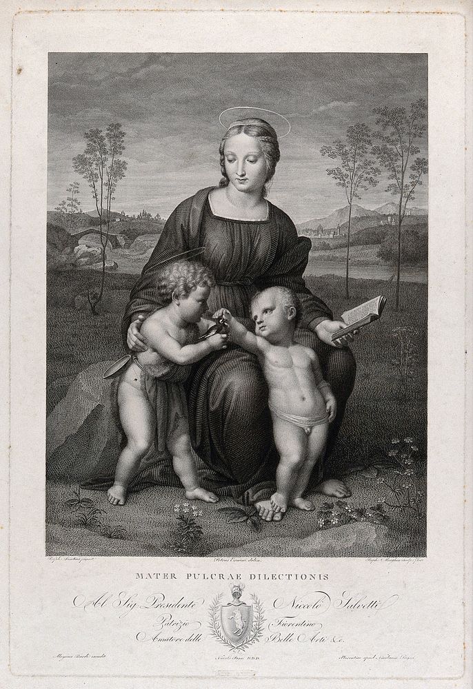 Saint Mary (the Blessed Virgin) with the Christ Child and Saint John the Baptist. Engraving by R. Morghen after P. Ermini…
