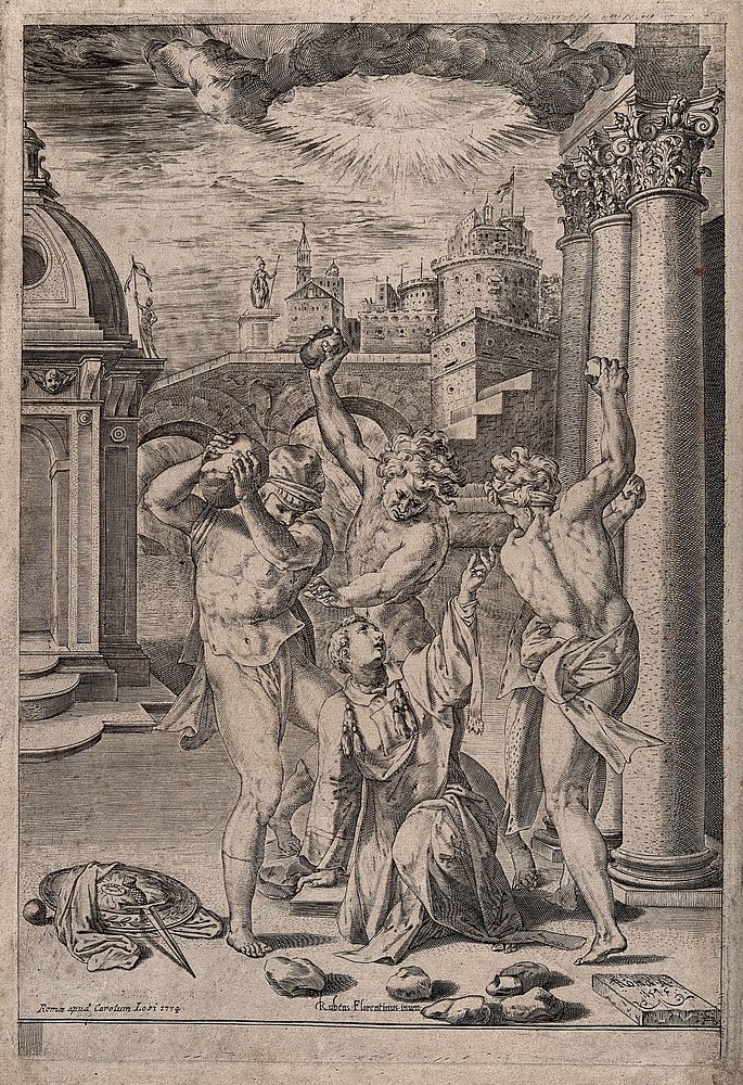 The martyrdom of Saint Stephen. Engraving by C. Alberti, 1575, after G. Rosso Fiorentino.