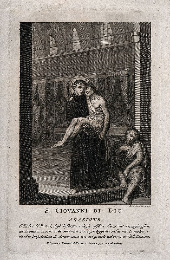 St. John of God carrying a sick patient from a hospital ward. Line engraving by G. Petrini.