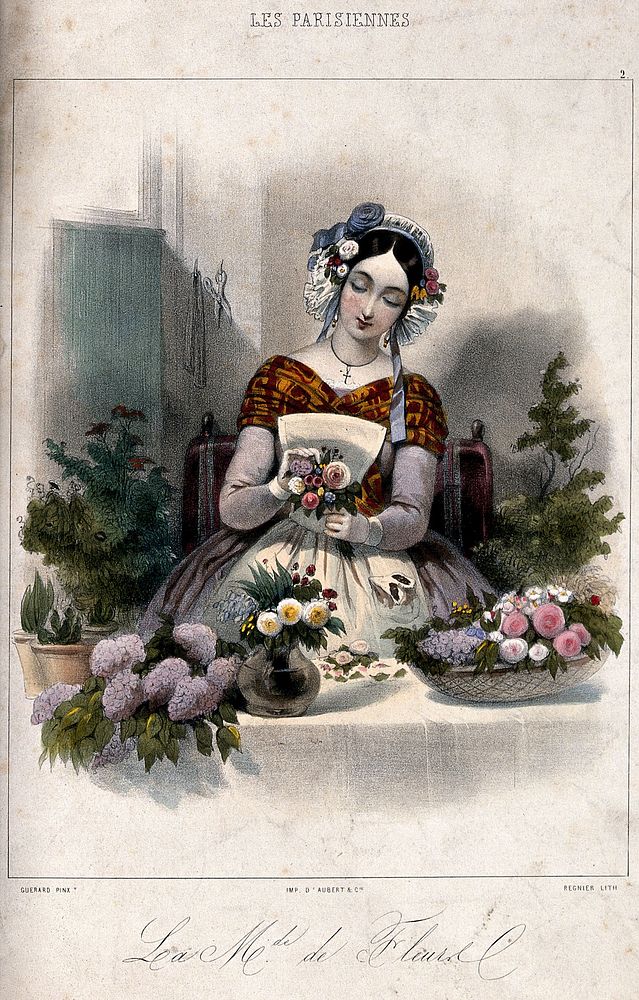 A woman making up posies and baskets of flowers for sale. Coloured lithograph by C. Regnier after Guérard.