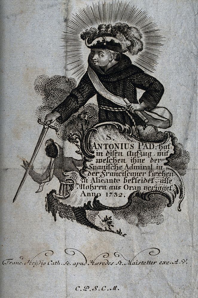 Saint Antony of Padua, in the costume of a Spanish admiral, drives the Ottomans out of Oran. Stipple engraving by F. Heissig.