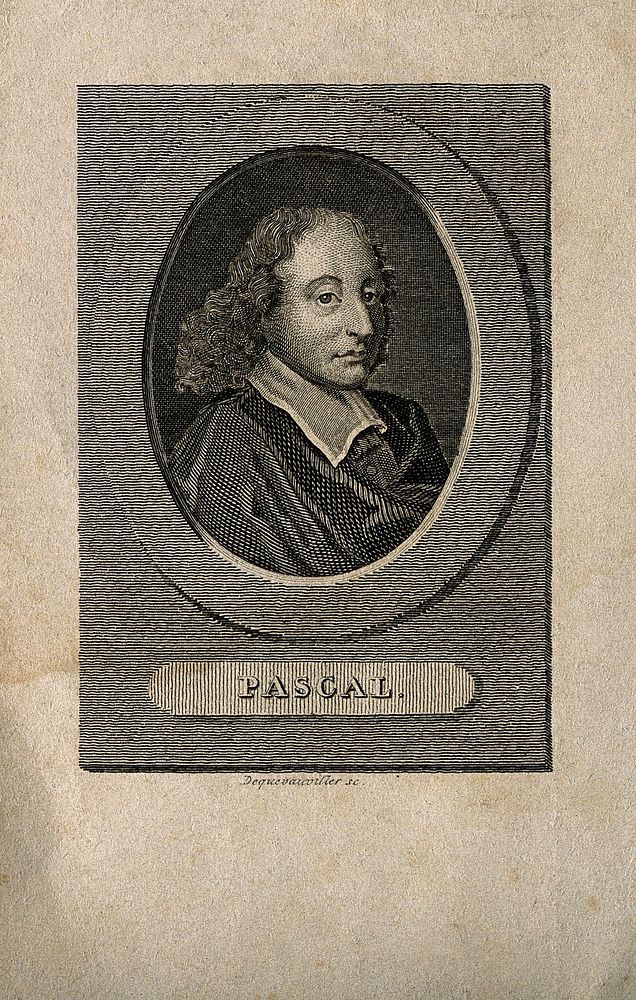Blaise Pascal. Line engraving by F.J Dequevauviller, 1823, after G. Edelinck after F. Quesnel, junior.